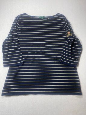 Ralph Lauren Navy & Gold Striped Boatneck Long Sleeve Top